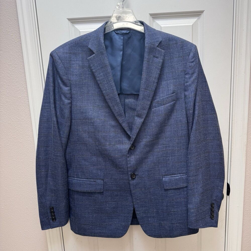 Lauren Ralph Lauren Men Suit Blazer Coat Jacket Sz 46 Wool/Linen/Silk Blue Plaid
